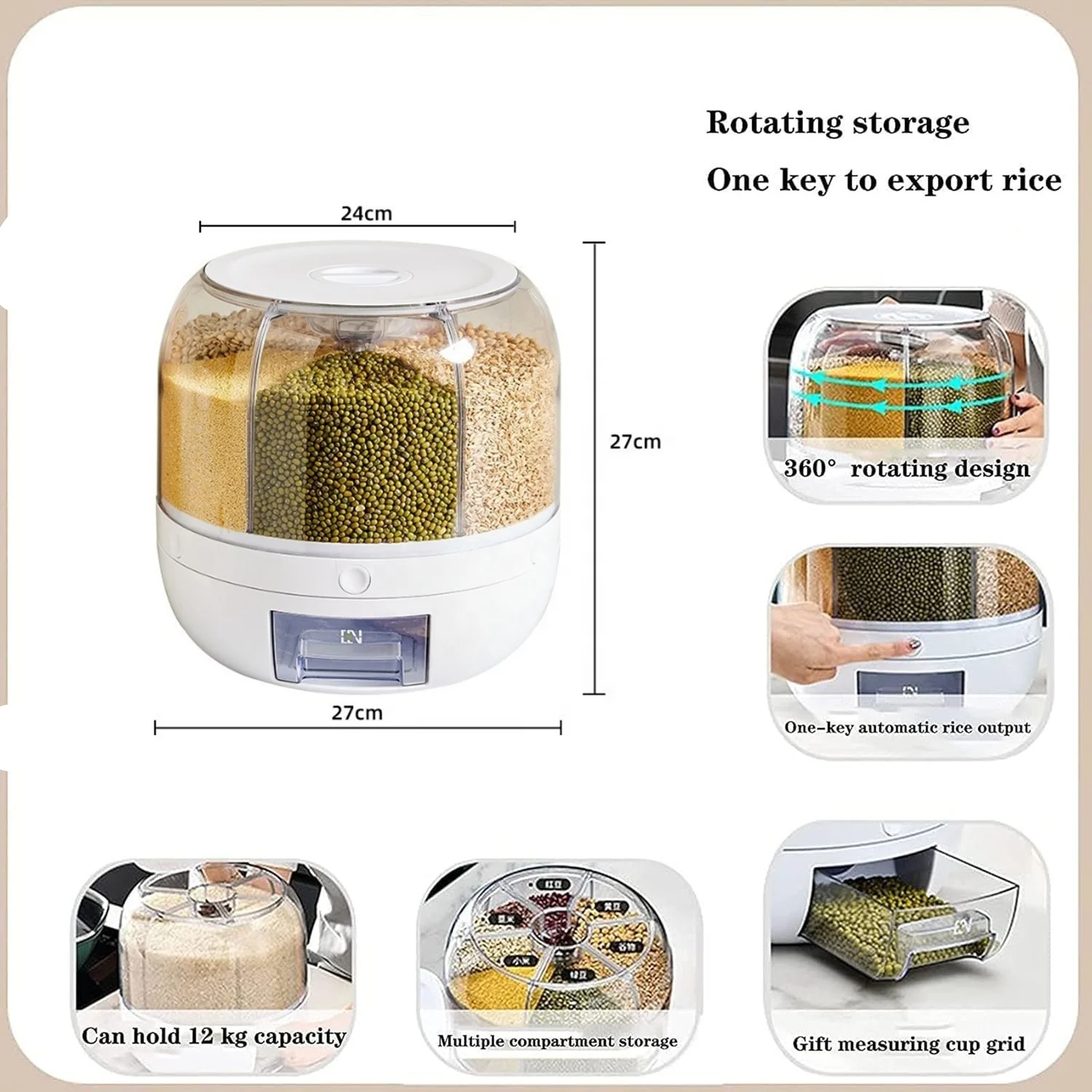 Wholesale 360-Degree Rice Dispenser Kitchen Moisture-Proof 6-Grid Rotating Food Grain Cereal Storage Box Container Dispenser