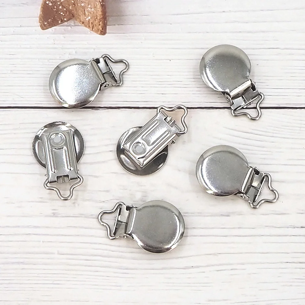 Customized Stainless Steel Round Flat Back Tray Earring Suspender Soother Dummy Clips DIY Silver Pacifier Clip Baby