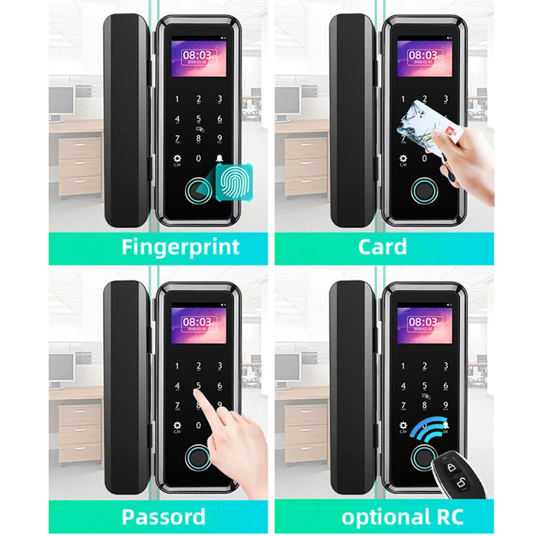 Stainless Steel Glass Door Lock Tuya Smartlife App  Biometric Fingerprint Card Key Smart Lock For Glass Door
