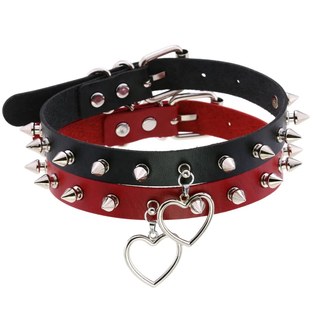 PU Leather Collar Necklace Rivet Spike Collar Peach Heart Pendant Punk Silver Plated Engagement Rings for Women Unisex Jewelry