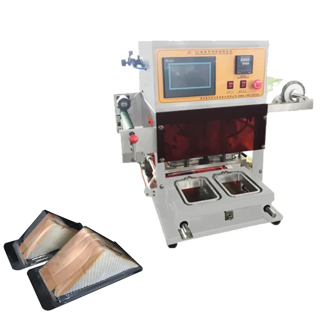 table top model portable breakfast roast bread cake triangle tray sealing packing machine with nitrogen flushing