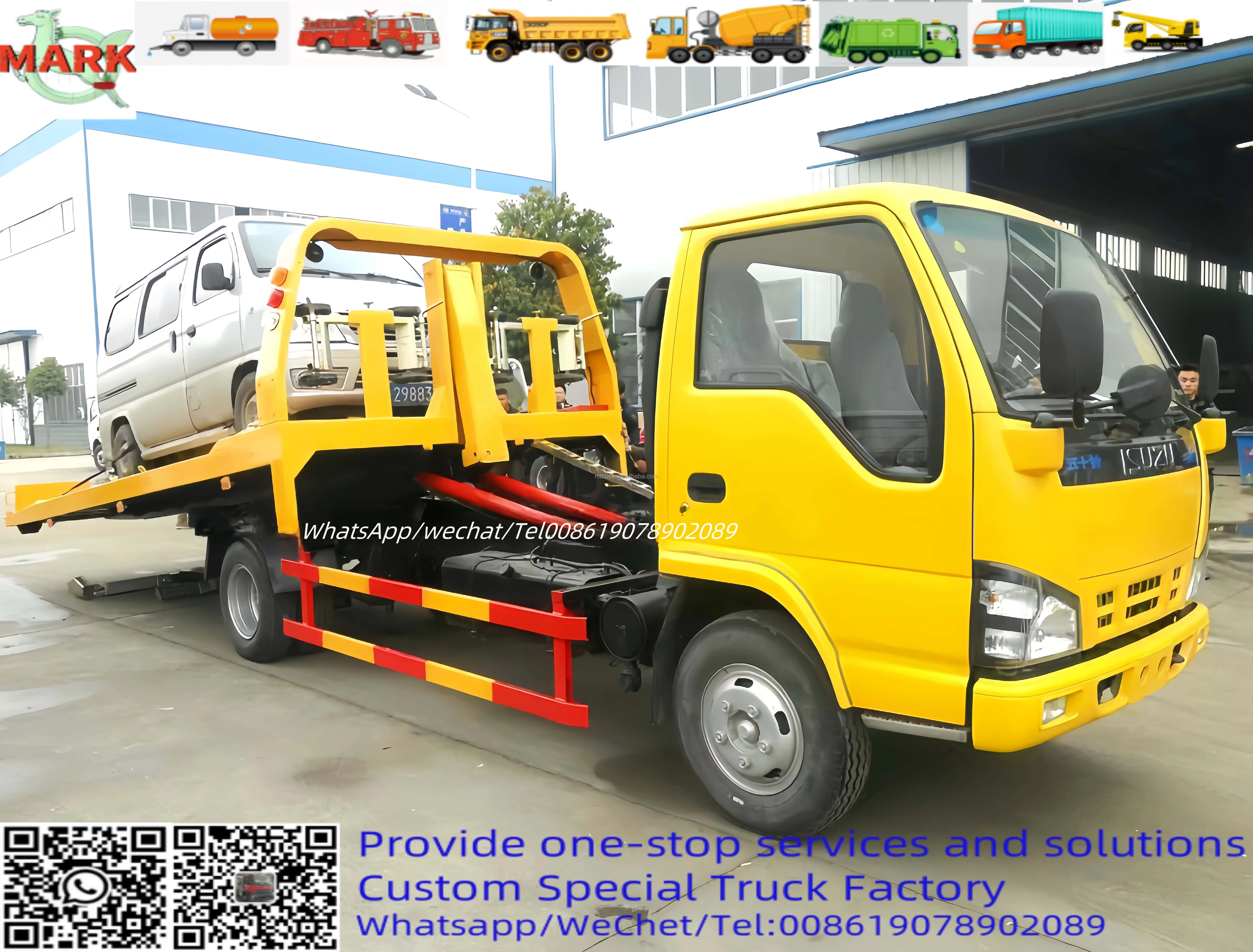 Winch 6 tons flatbed trailer direct road wrecker transporter recovery rollback road rescue platform transport crane truck