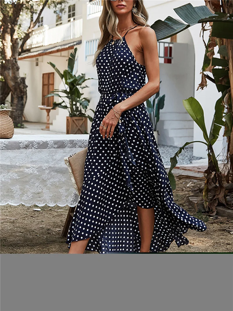 2021 Latest Halter Neck Summer Beach Dresses Wholesale Polka Dot Rayon Dress Maxi Casual Dress Women Clothing 21-0253-1