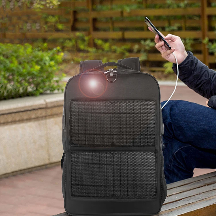 wholesale black backpack with solar charger solar energy charging backpack solar powered Hiking Powered Rechargeable Backpack
