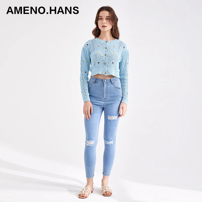 Natural style embroidery cardigans wholesale women knitted cotton cardigans