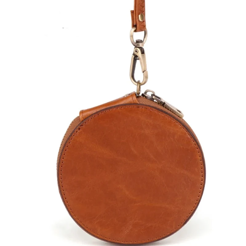 Real Leather Women Coin Purse Zipper Custom Round Leather Coin Wallet Pouch Bag Small Mini Coin Purse with Wristlet