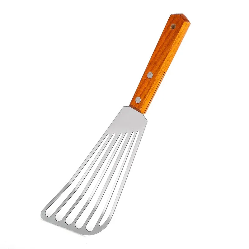 Wooden Handle Stainless Steel Cooking Shovel Beef Steak Fish Frying Spatula