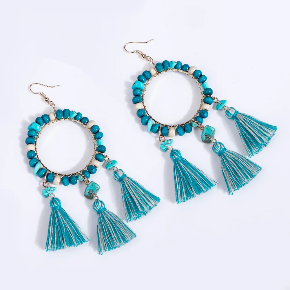 New Arrivals Handmade Woven Colored Cotton Tassel Earring Women Vintage Natural Stone Agate Wood Beads Geometric Beaded Earrings
