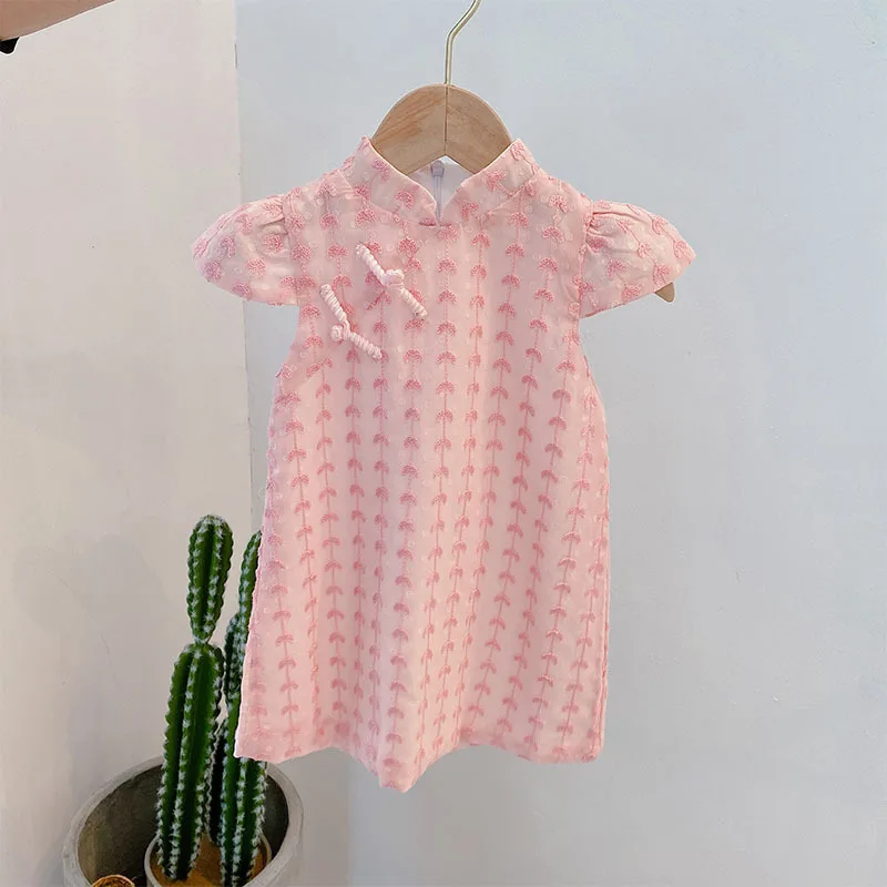 Girls Clothing  Fashionable pink embroidered girls dresses with Chinese vintage cheongsam sells well