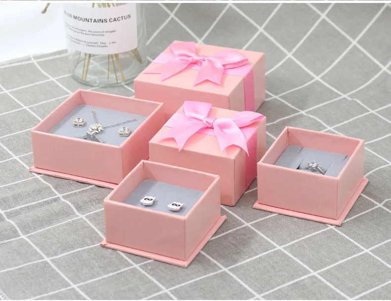 Xinfly Rectangle  Ribbon Bow Imitation Leather Paper Jewelry Gift Box Necklace Ring Earrings Paperboard Packaging Custom Logo