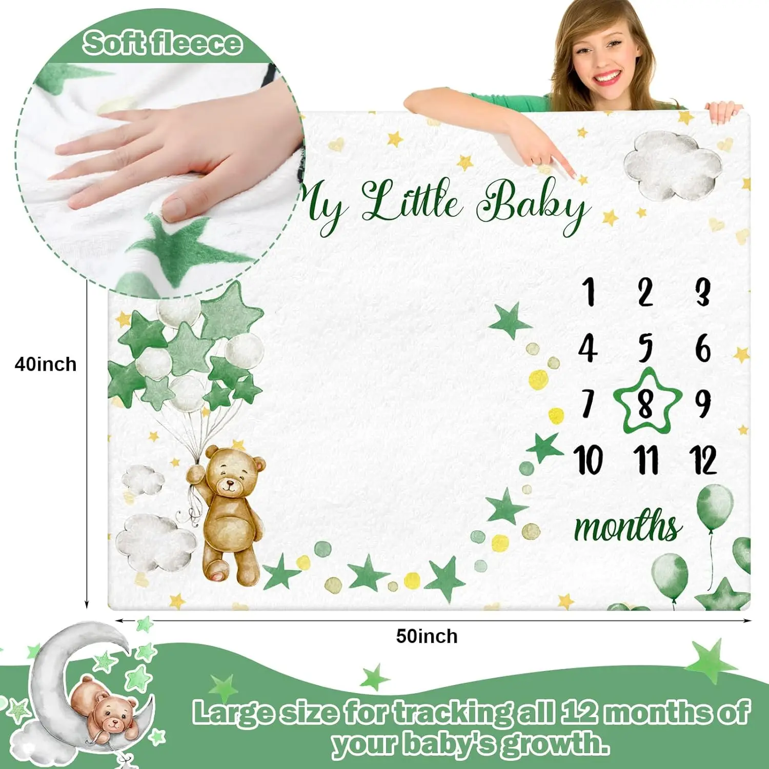 White Sublimation Bear Star Printed Flannel Fleece Monthly Baby Milestone Blanket for Newborn