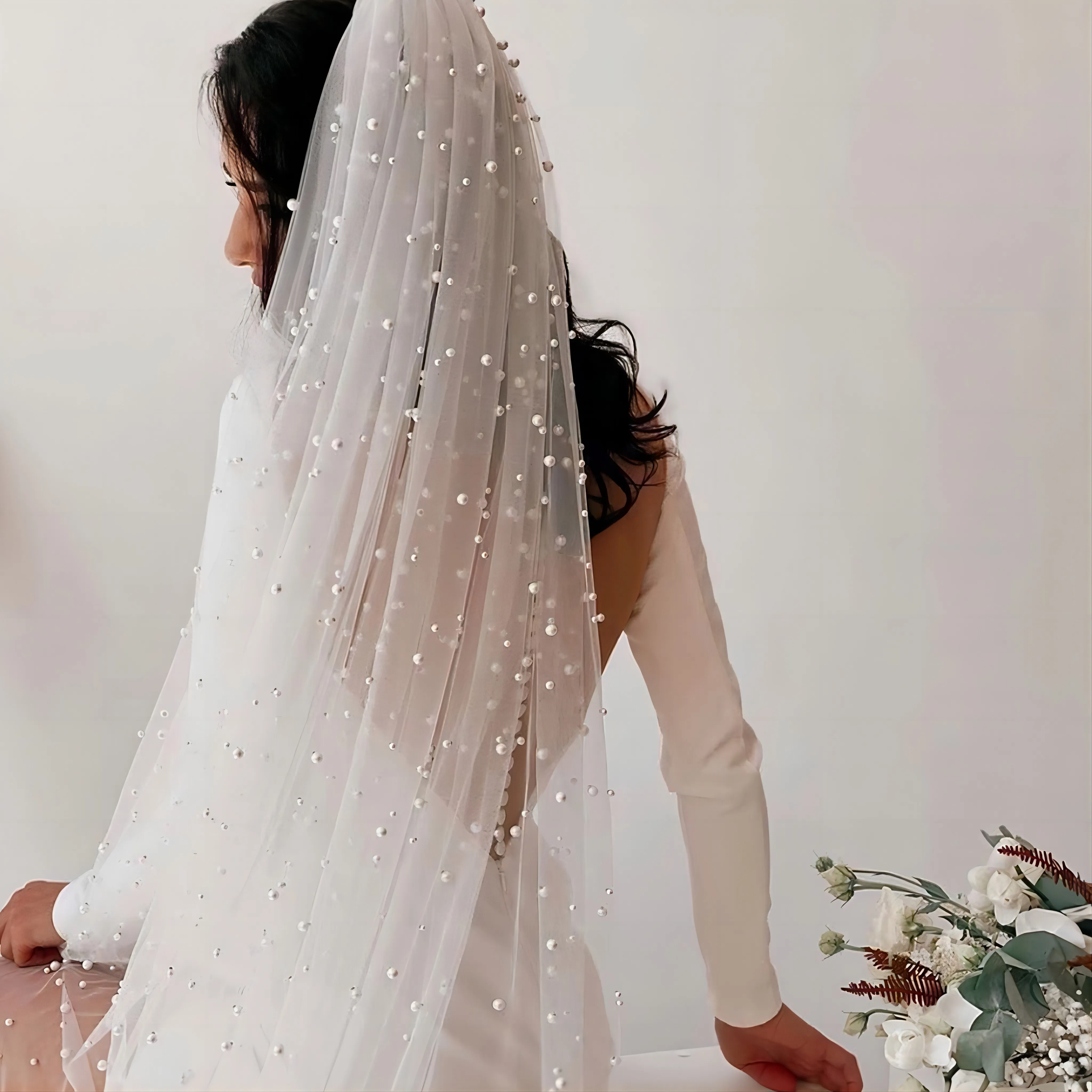 Жемчужная свадебная фата для невесты, Длинная свадебная вуаль с бисером, однослойная, длиной в белый/цвет слоновой кости, свадебный аксессуар, 3 м