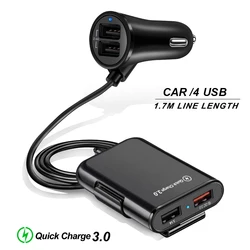 36W 4 Port USB Car Charger 8A Quick Charge QC3.0 5.6ft Extension Cable for Front Seat and Backseat Fast Charging