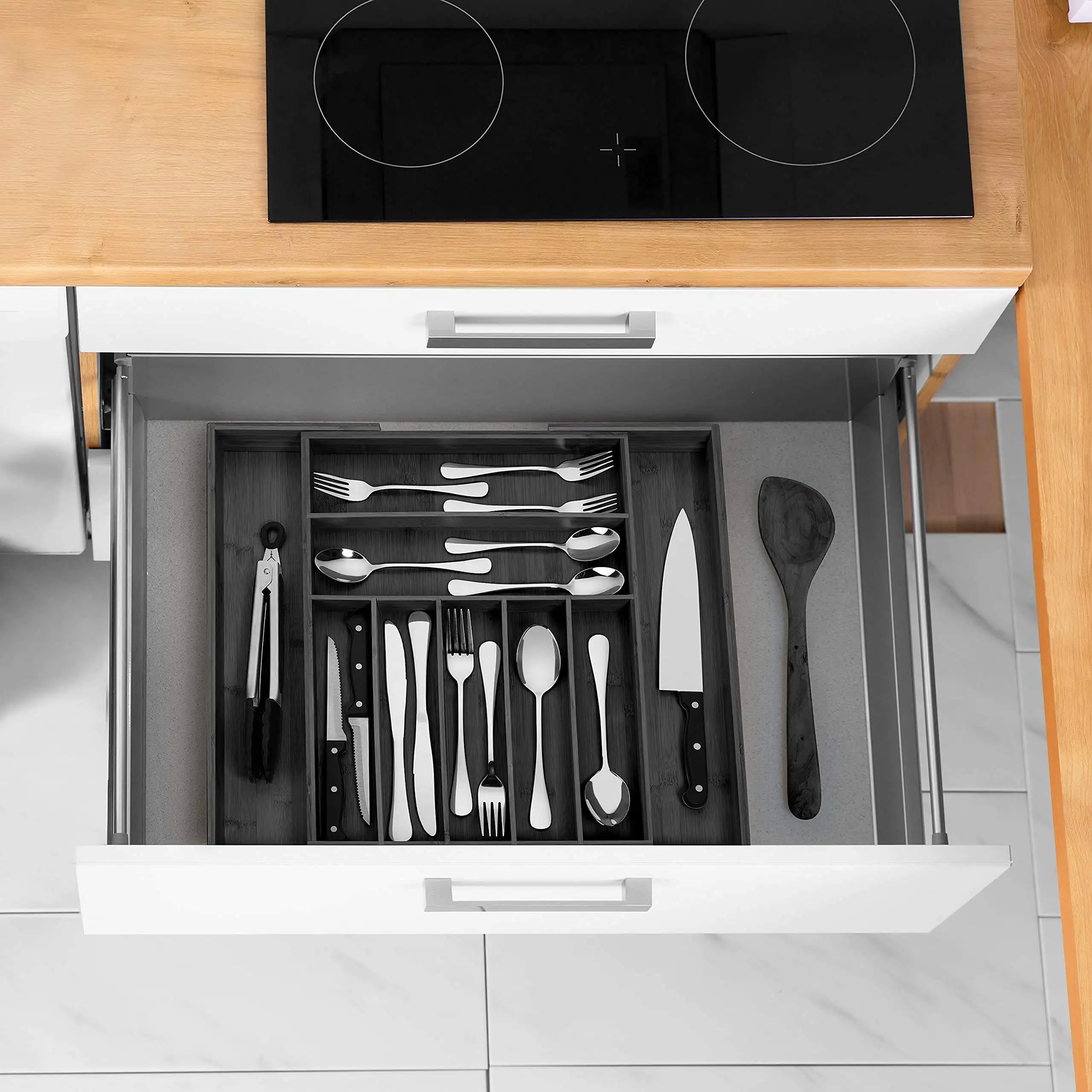 Bamboo Expandable Utensil Cutlery Tray And Drawer Cutlery Organizer For Kitchen Drawers Black
