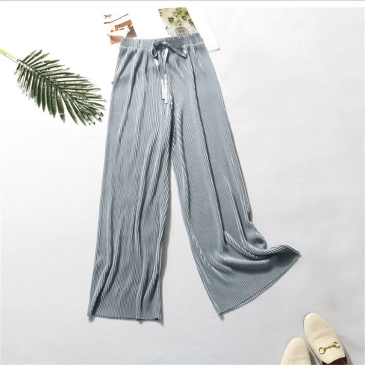 Factory wholesale high waist loose fit Solid Color Womens stretchy pleated Pants  Elastic Waist Women Trousers for summer
