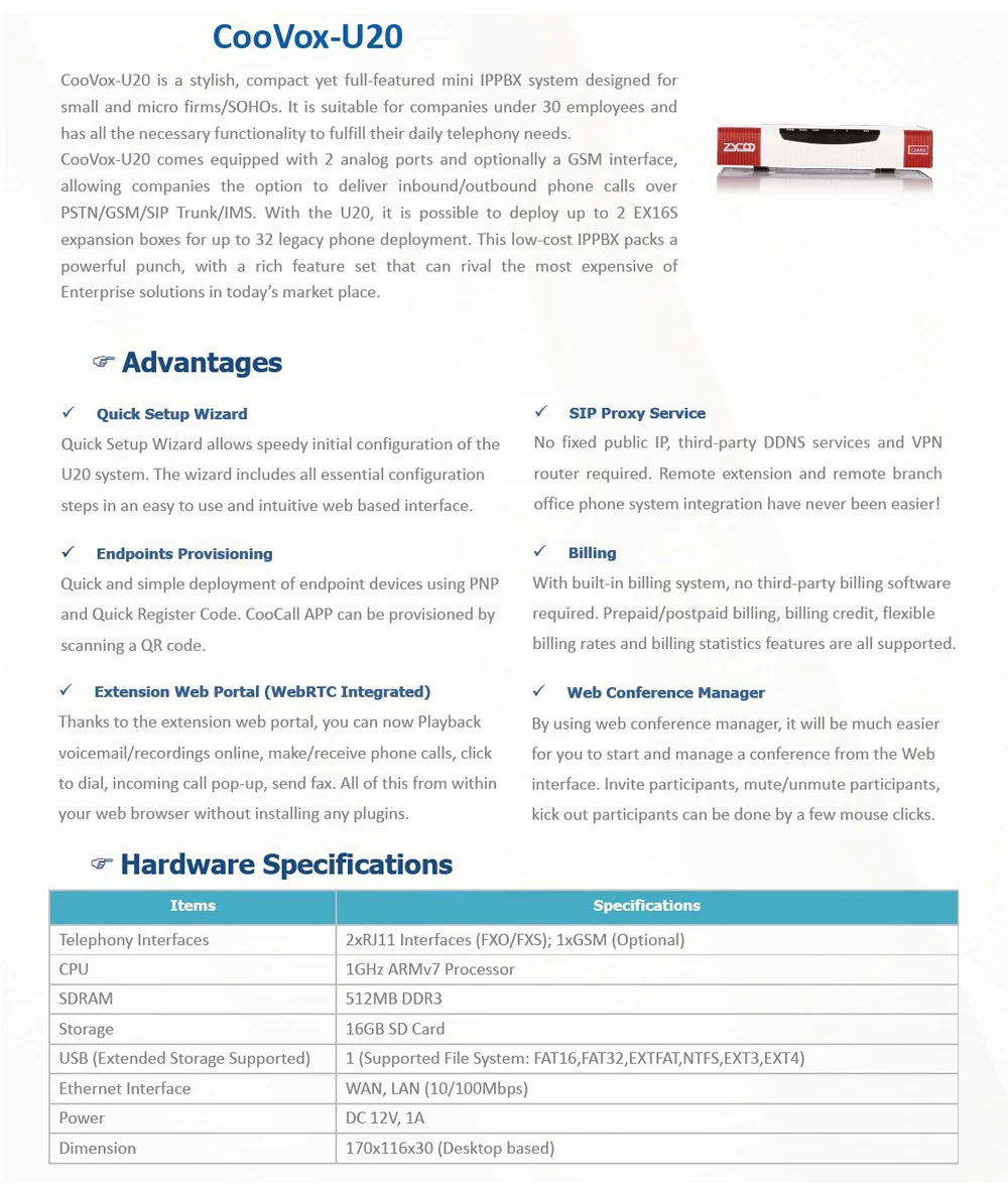 IP PBX--U20-A202 с поддержкой 2fxo 32 Sip зарегистрированных пользователей ZYCOO VOIP PBX 8 Гб SIP система для дома или малого офиса