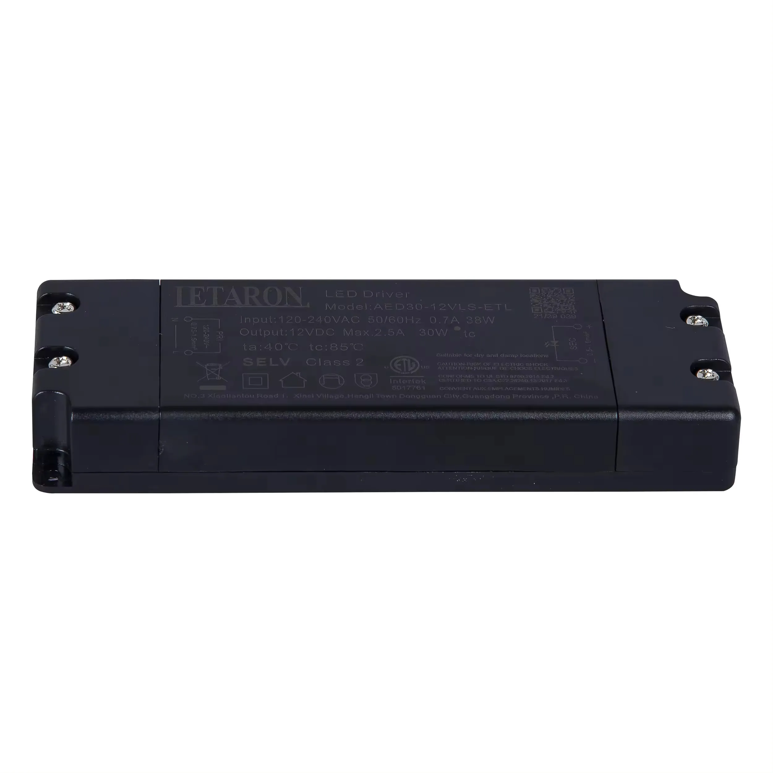 Сверхтонкий светодиодный драйвер LETARON 12/24VDC 1250/2500mA 30 Вт 220-240VAC 50/60 Гц 142x50x22 мм IP44