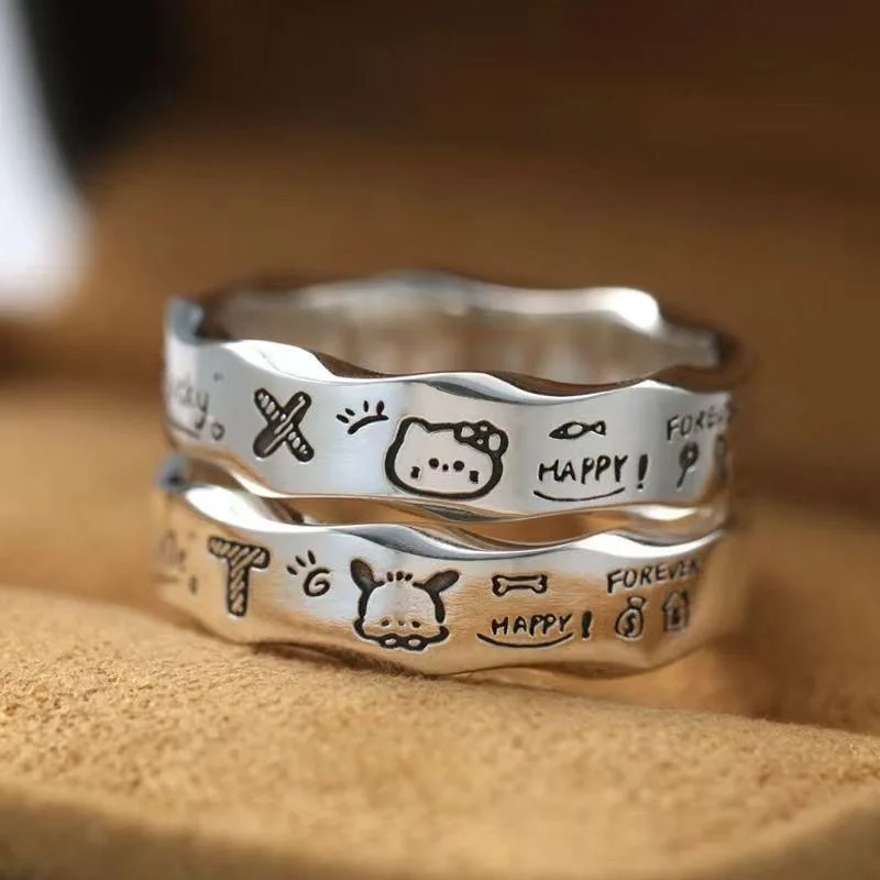 Cartoon Doodle Couple Rings For Women Men Cute Hello Kitty Pochacco Opening Finger Ring Daily Jewelry Accessories