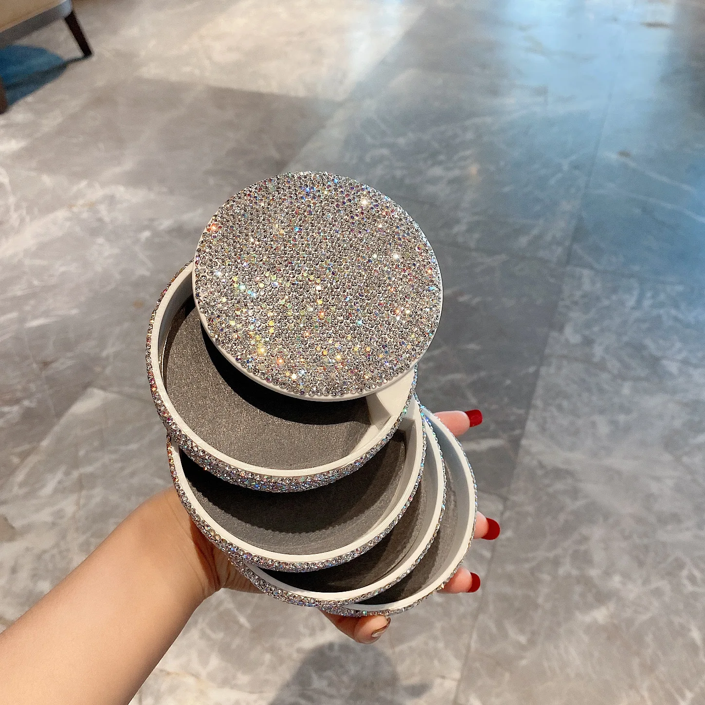 Multi-layer 360 Degree Rotation Storage Box Luxury Bling Diamond Inlaid Desktop Jewelry Box