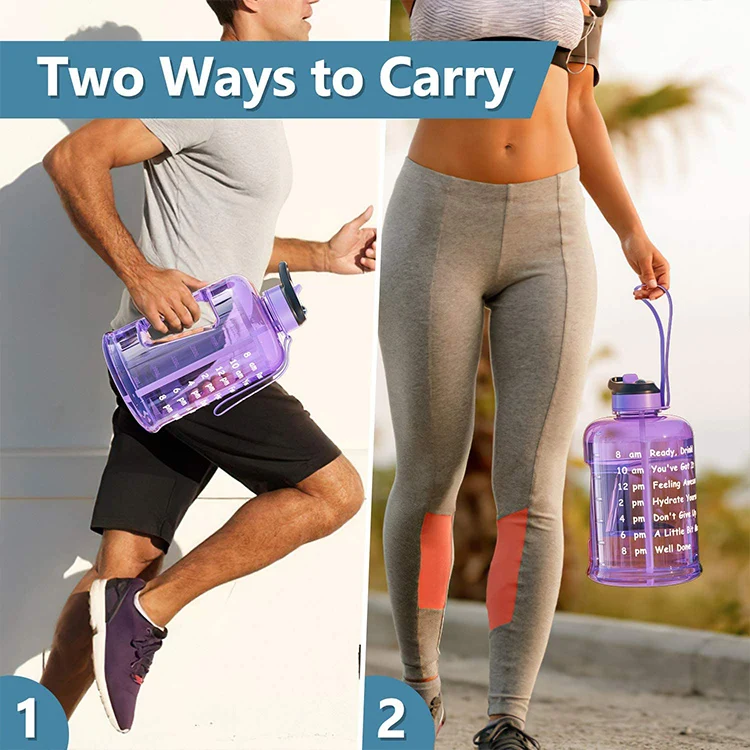 BPA Free 128oz 2.2L Strap-Easy to Carry Motivated Time Marker Hard Plastic Water Drinking Bottles With Straw