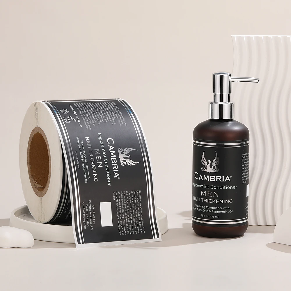 Custom Logo Printing Silver Foil Sticker Cosmetic Shampoo Bottle Adhesive Paper Stickers Roll Packaging Labels