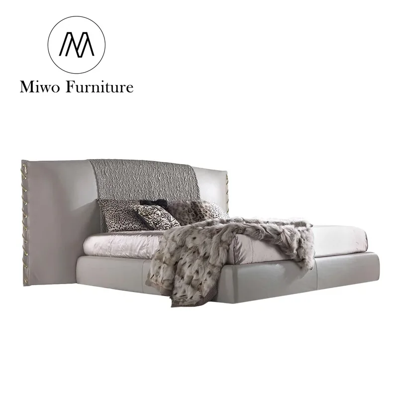 Home King size bed Queen Headboard Leather Upholstered Italian modern hotel Deluxe bedroom furniture frame double bed set