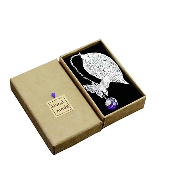 Metal Leaf Bookmark with 3D Butterfly and Glass Beads Eternal Dry Flower Pendant,Ideal Gift for Reader/Woman and Kids