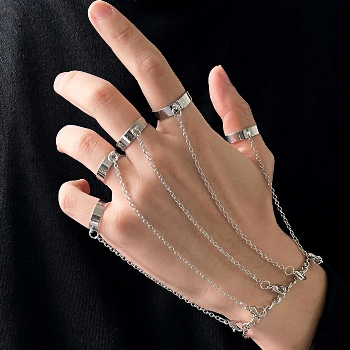Punk Geometric Silver Color Chain Wrist Bracelet For Women Men Ring Charm Set Couple Emo Fashion Jewelry Gifts Pulsera Mujer