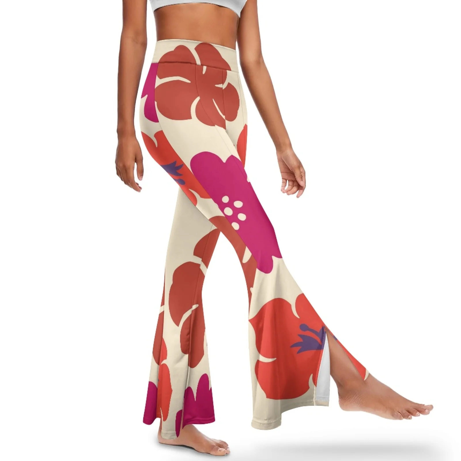 Sublimation Hibiscus Flowers High-waisted Flare Yoga Pants Leggings Loose Flare Pants Slit Yoga Leggings Casual Trousers Tights