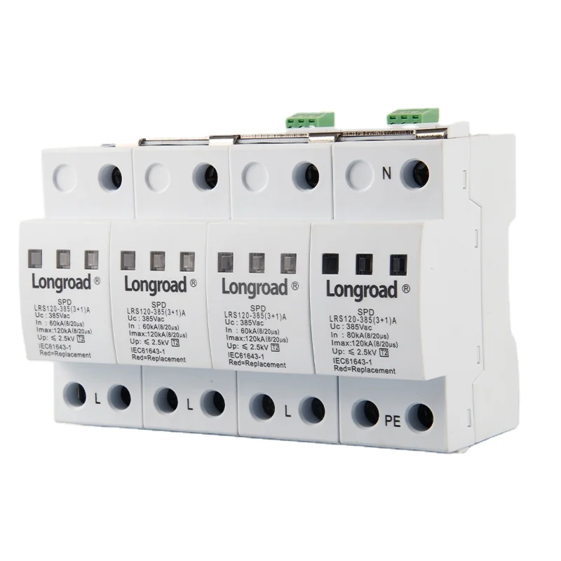 Low voltage 385Vac 3P+N 60kA-120kA SPD Solar Lightning Protection System AC Surge Arrester