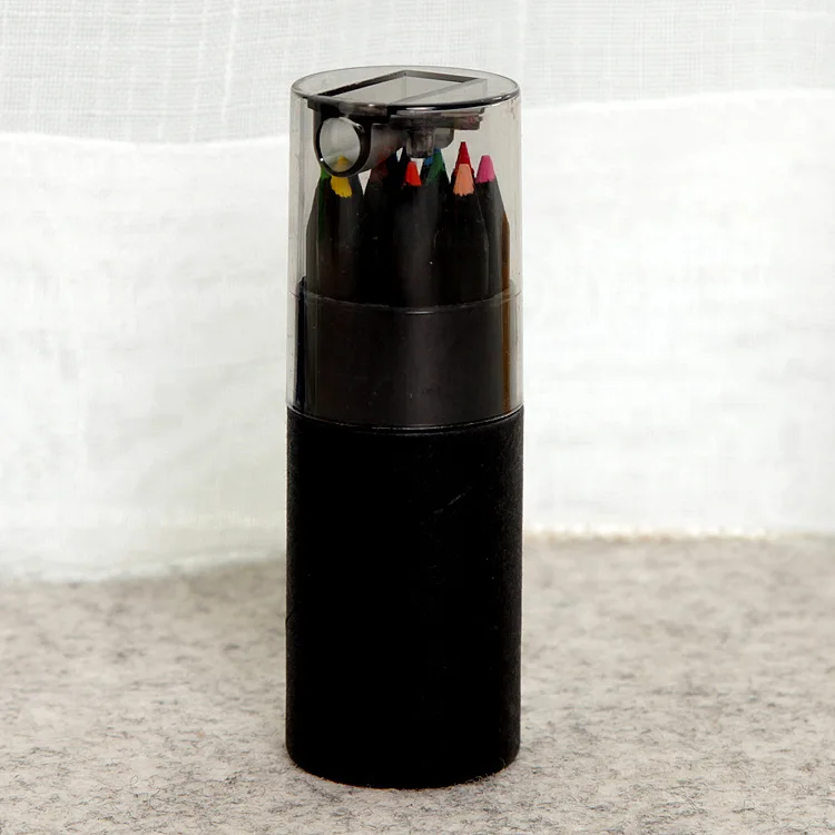High Quality Black Wood Material Mini Size 12 Colored Pencil Set With Tube Sharpener Gift Pencil For Kids