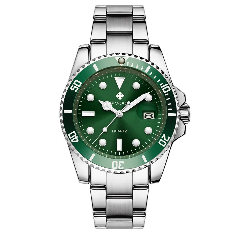 WWOOR Men Watches 8878 Luxury Full Steel Waterproof Automatic Date Watch Men Green Quartz Diving Sports Wrist Watch Reloj Hombre