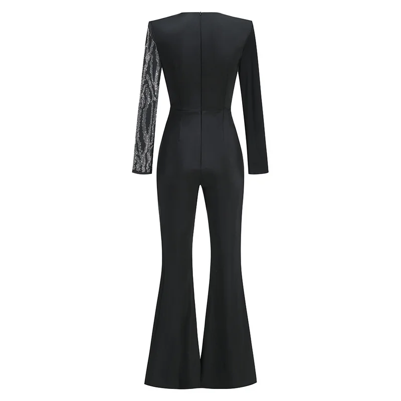 A8894 Elegant Styles Beaded Women One-piece Jumpsuit Black Long Pants Ladies Party Jumpsuit