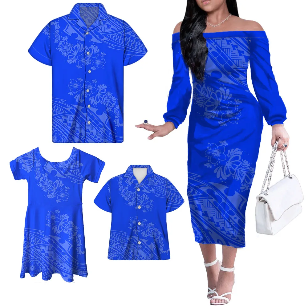 Red Polynesian Family Set 4pcs Set Unique Gifts For MOM Daddy Kids Polyester Off Shoulder Long Dress Little Girl Skrits Set