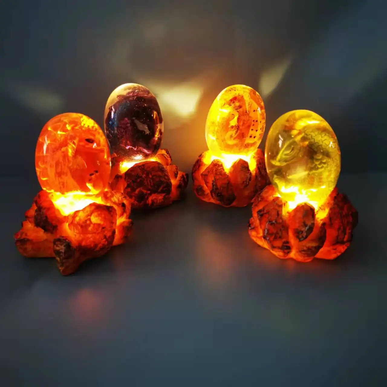 Glowing Crystal Transparent Dinosaur Lava Dragon Egg Resin Sculpture Ornaments Desktop Ornaments Unique Gift with Luminous Base