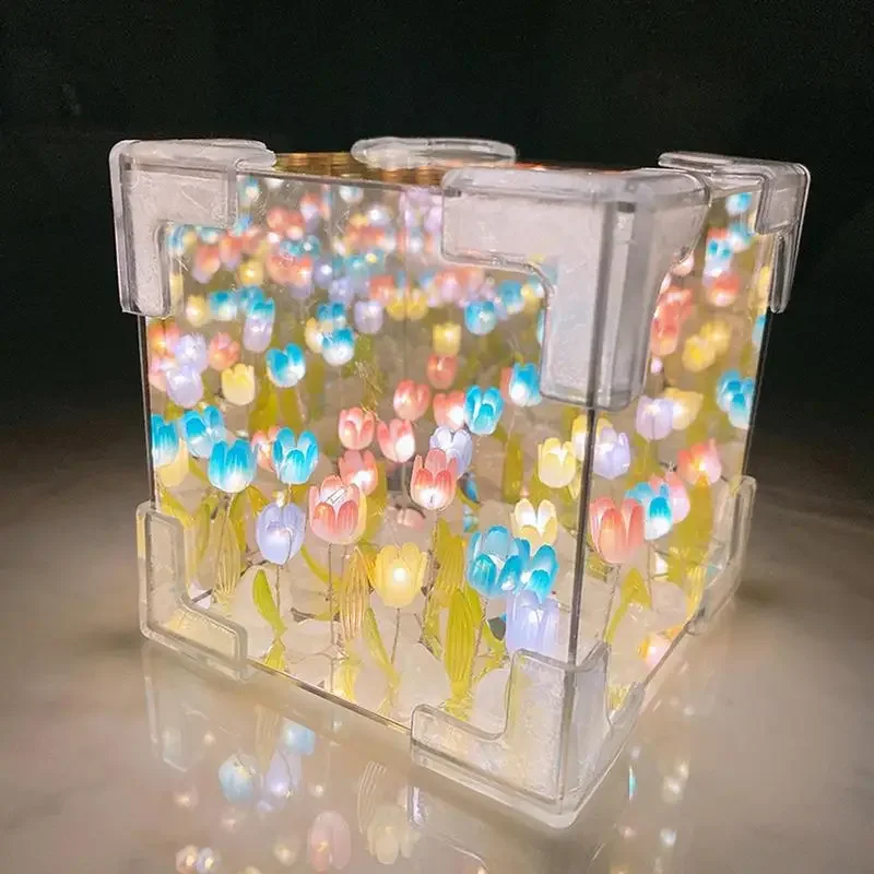 Finished product 20 Flower Handmade DIY Magic Cube Tulipan USB Night Light Tulip with Light Artifical Led Tulip Mirror Lamp