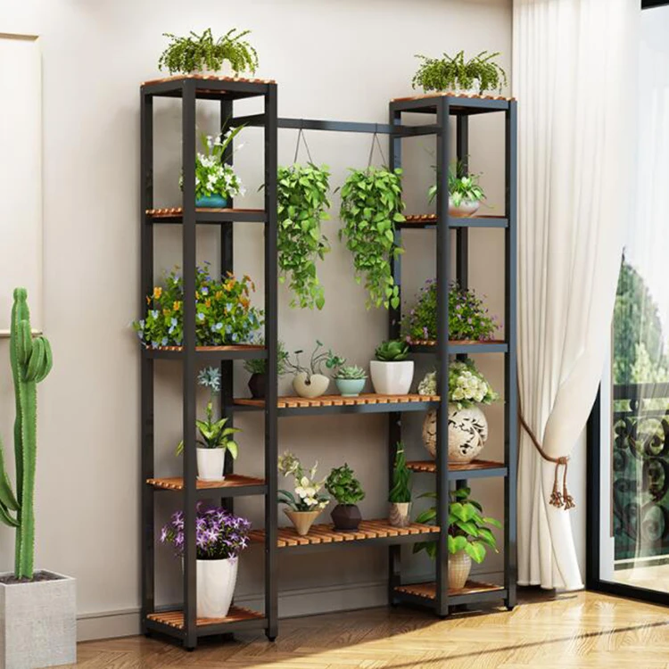 Simple Balcony Flower Stand Rack Wrought Iron Wood Multi-Layer Plant Rack