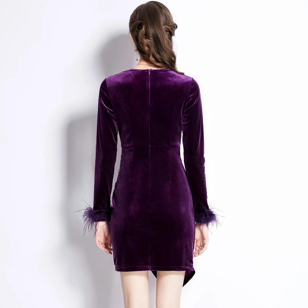 Droma wholesale new fashion slimming velvet dress purple v neck long sleeve casual elegant women luxury evening dresses