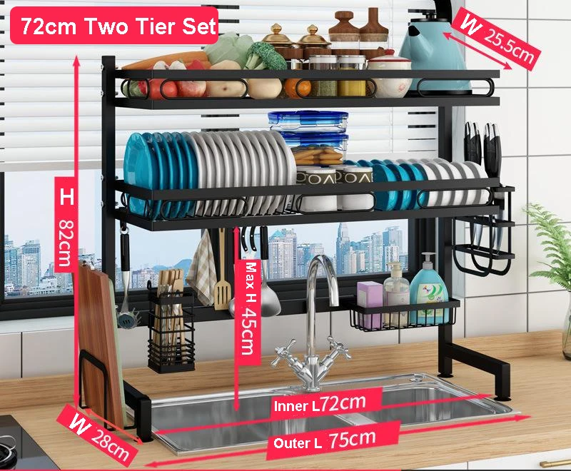 2 tier stainless steel black   drying dish racks Large Capacity Over The Sink Dish Rack