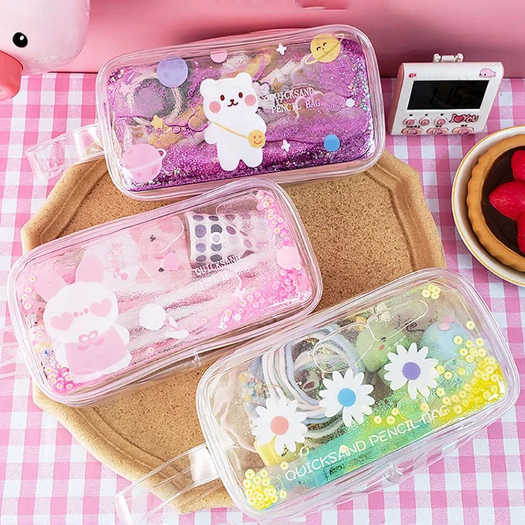 Stationery Items For School Liquid Quicksand Glitter Pen Case Teenage Girl Pencil Pouch
