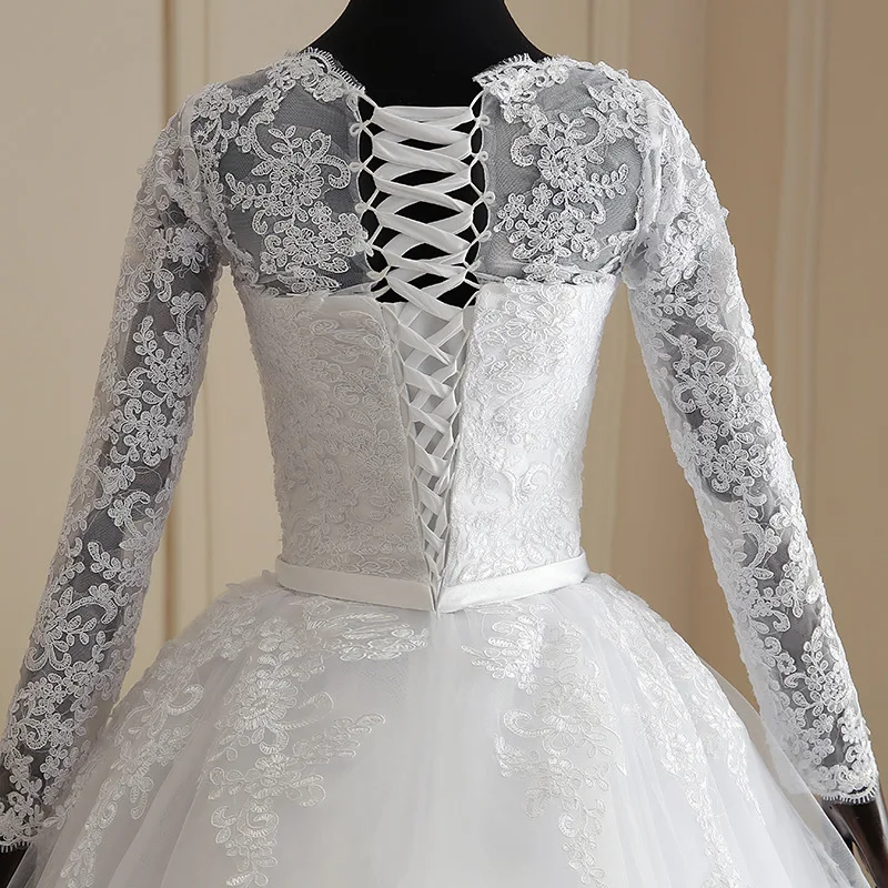 
W1019 Women Elegant Long Sleeve Lace Bandage Floor Length Long Tail Wedding Dress Bridal Dress 