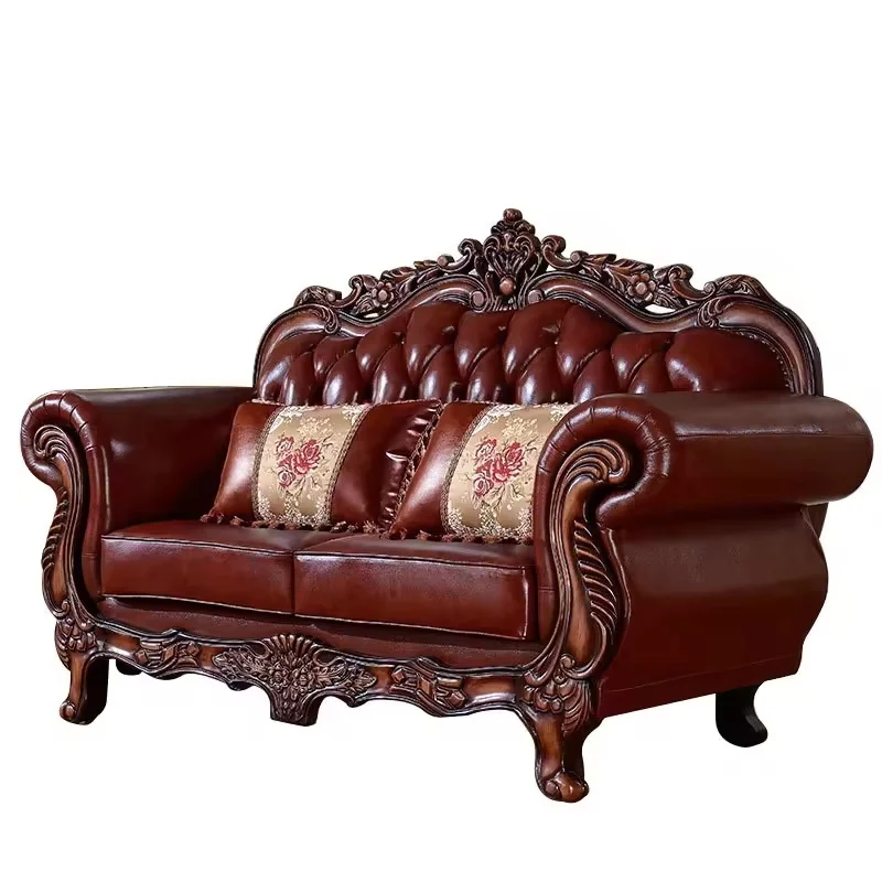 High-Quality European Leather Sofa Wood Hot-Selling Luxury Brown Vintage Sofa Elegant  Furniture Premium Leather Upholstery