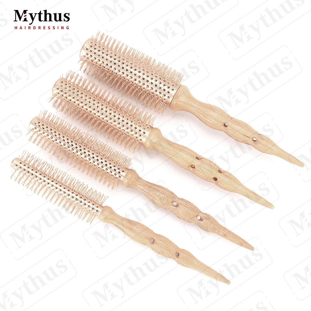 Korea Style Luxury Rose Gold Long Aluminum Barrel Heat Resistant Nylon Bristle Wooden Tail Handle Round Comb Curling Hair Brush