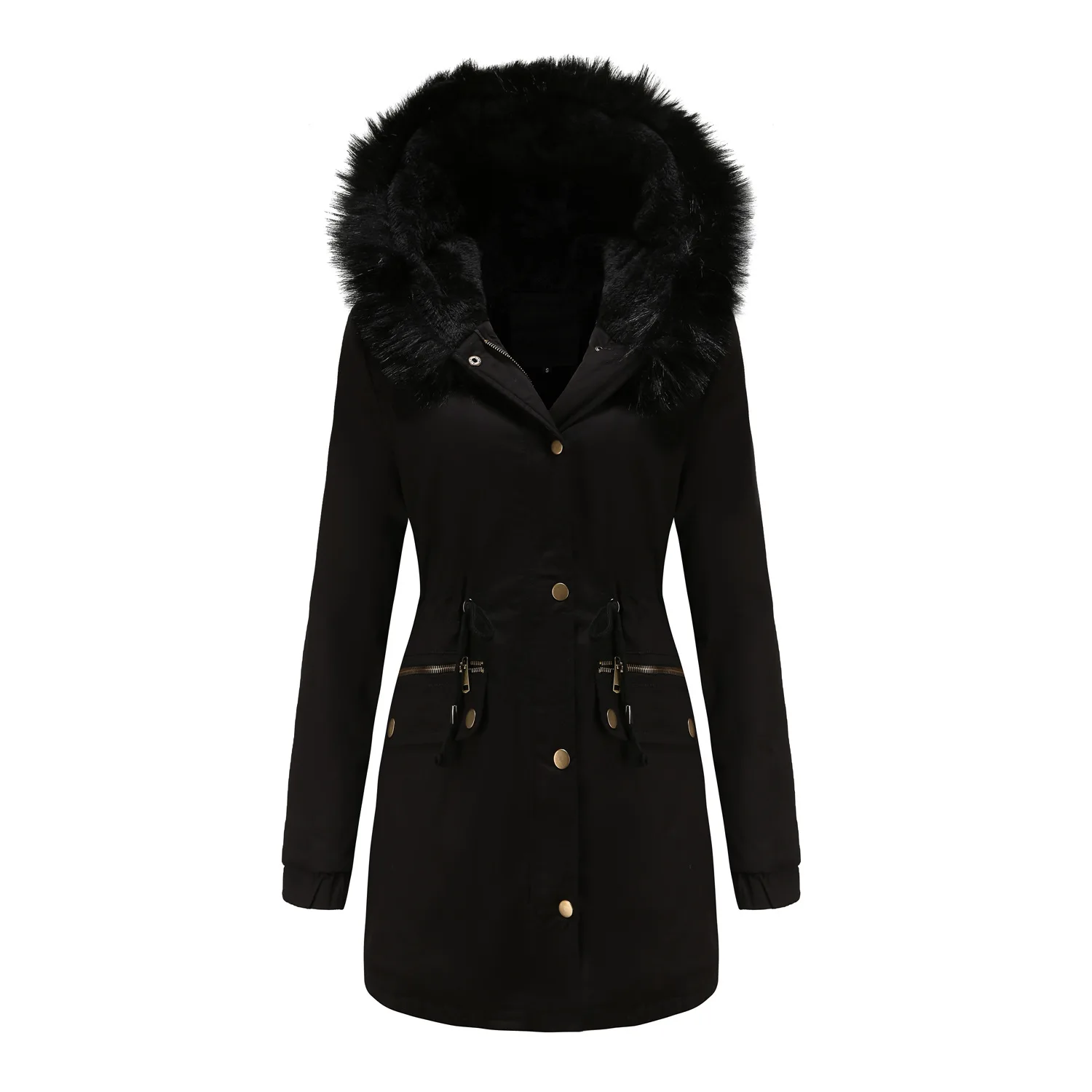 Hooded Womens Mid-Length Winter Coat Long Lined Parka Jacket Lined With Fleece Warm Padding Thicken Overcoat