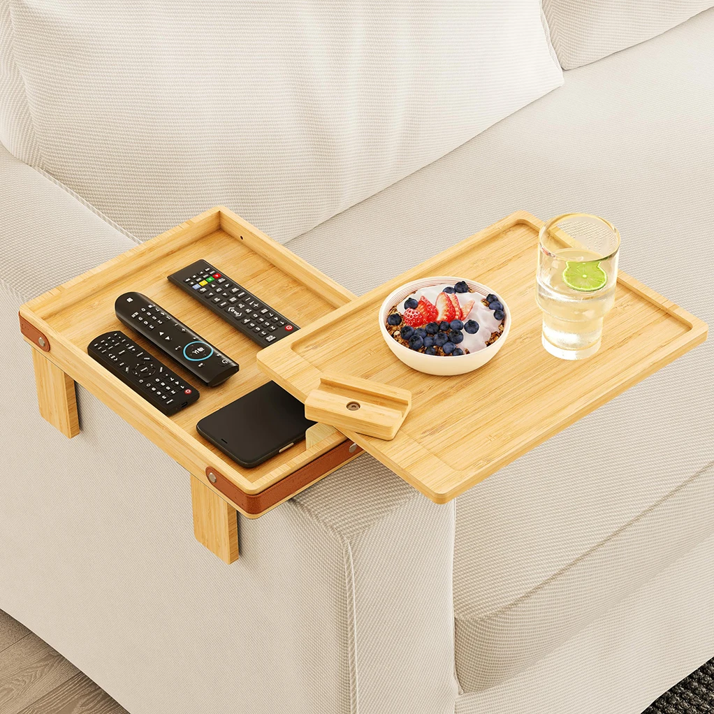Multi-style Couch Tray Table with Phone Holder Wooden Couch Eating and Drink Portable Stable Bamboo Sofa Arm Tray Table