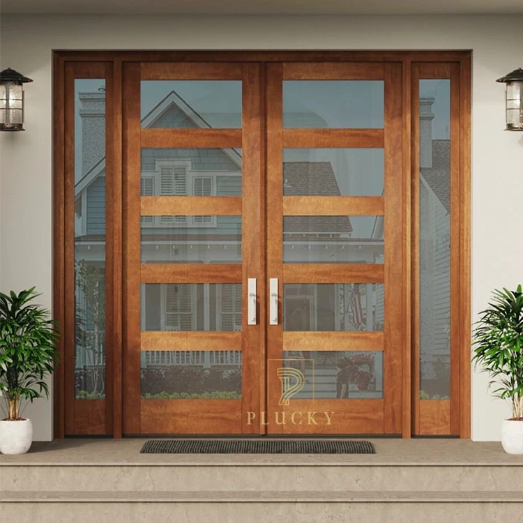 Villa exterior solid wooden door glass design main entrance door