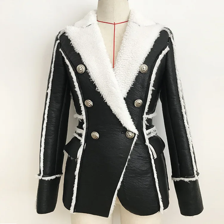 Custom womens clothing fur lapel contrast PU warm winter jacket coat
