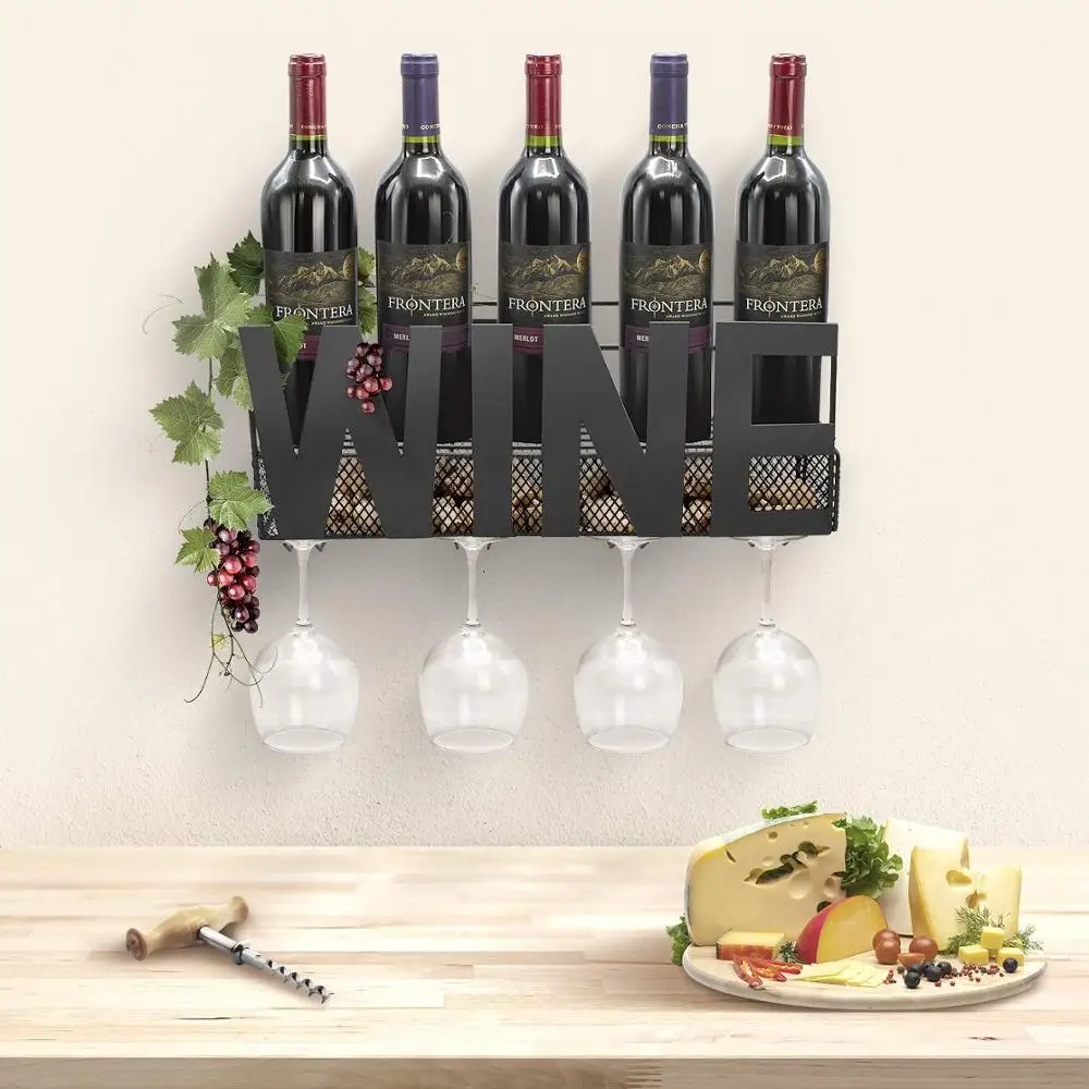 
Wine Bottle Stemware Glass Rack Cork Holder Wall Mounted - Elegant Storage 