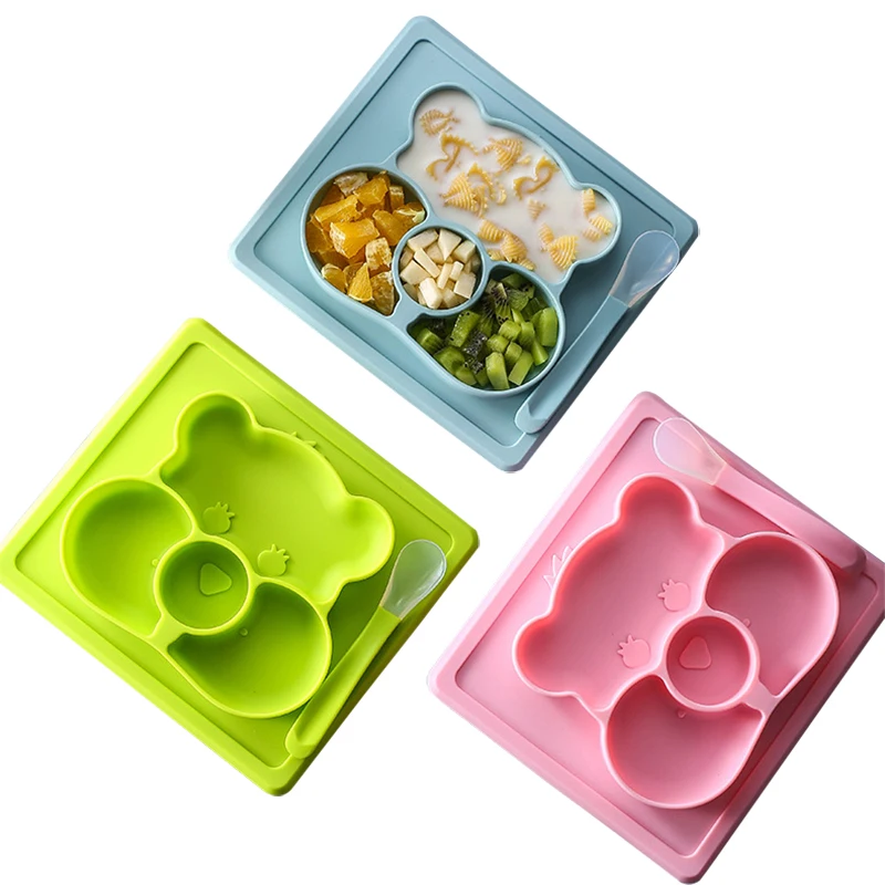BPA Free Food Grade Silicone Cartoon Baby Feeding Plate Dinner Tableware Silicone Children Baby Divided Plate Mat With Spoon