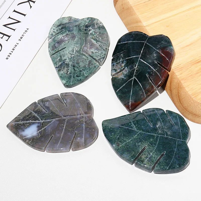 New arrivals hand carved healing stones crystal crafts natural leaf shaped moss agate